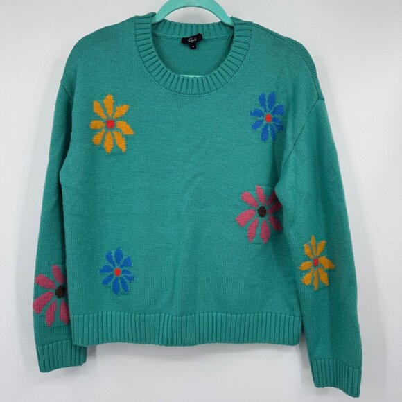 Rails Sweaters - Rails Zoey Multi Flowers Crewneck Sweater Womens Medium M Green Wool Blend Pullo